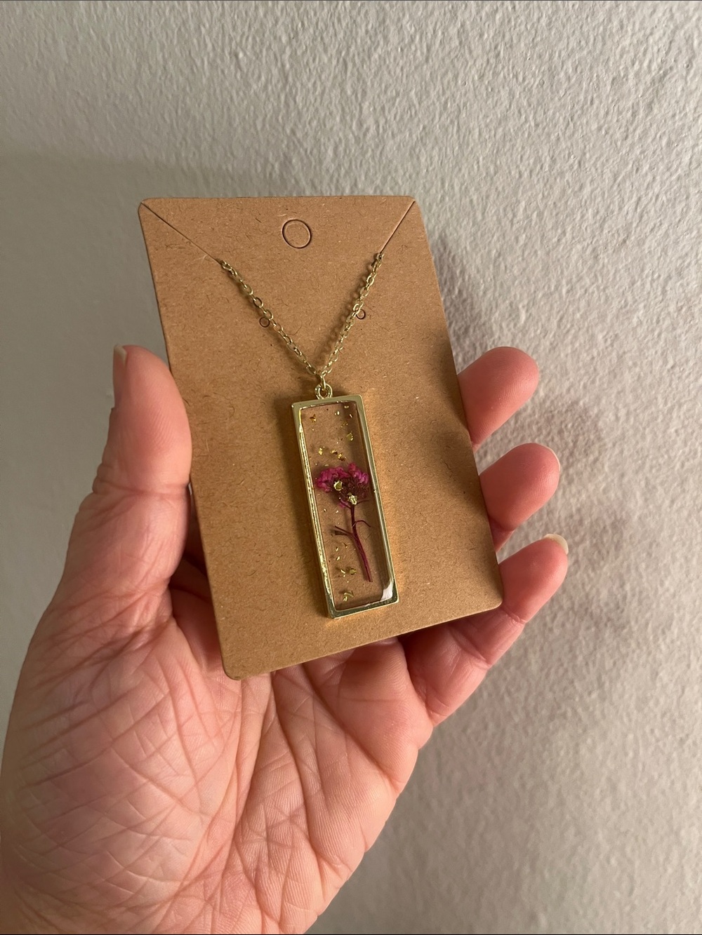 Gold Rectangular Pendant Necklace with Preserved Pink Flower